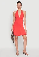 Womens Mineral Wash Denim Halter Neck Dress, Red,