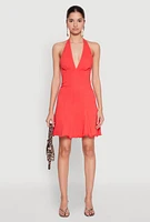 Womens Mineral Wash Denim Halter Neck Dress, Red,