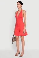 Womens Mineral Wash Denim Halter Neck Dress, Red,