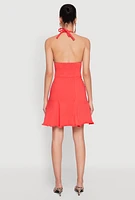 Womens Mineral Wash Denim Halter Neck Dress, Red,