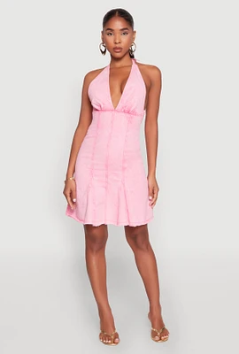 Womens Mineral Wash Denim Halter Neck Dress,