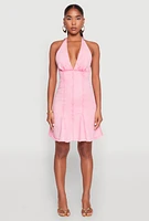 Womens Mineral Wash Denim Halter Neck Dress,