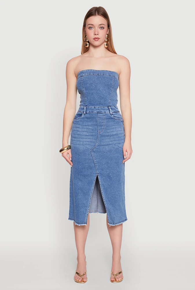 Womens Spoon Jeans Slit Front Denim Tube Dress, Blue, Size L