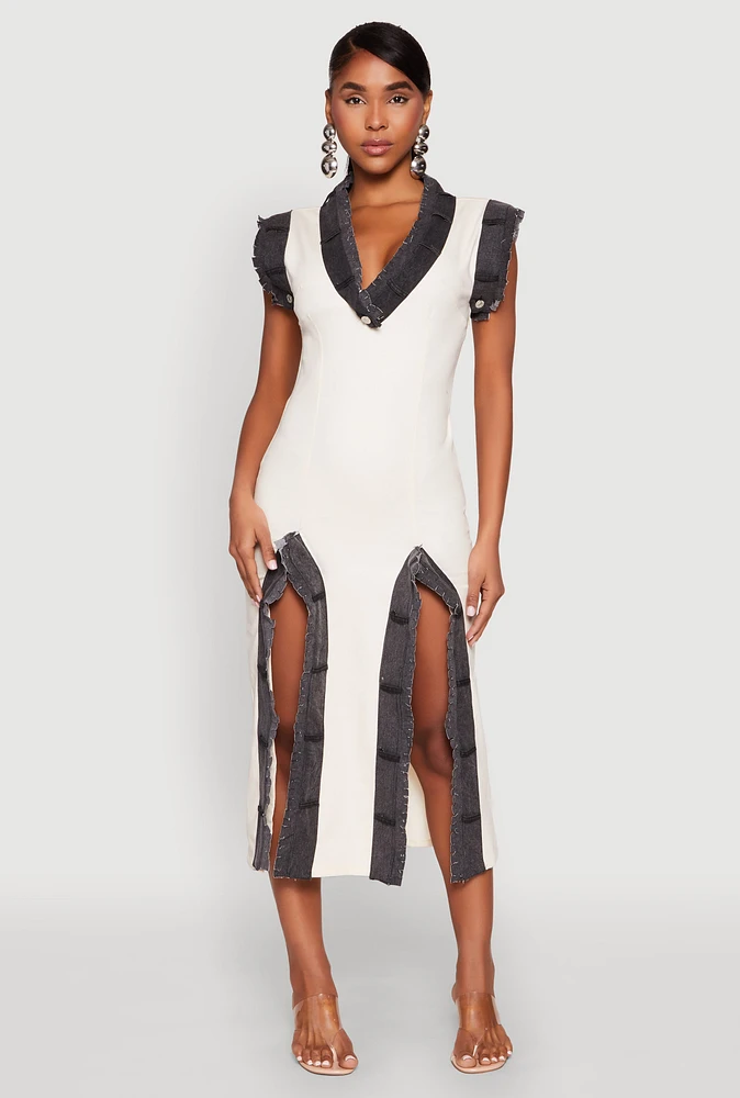 Womens Denim Trim High Slit Midi Dress, Beige, Size S