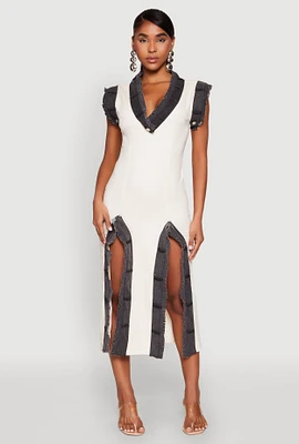 Womens Denim Trim High Slit Midi Dress, Beige, Size S