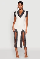 Womens Denim Trim High Slit Midi Dress, Beige, Size S