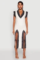Womens Denim Trim High Slit Midi Dress, Beige, Size S