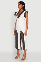 Womens Denim Trim High Slit Midi Dress, Beige, Size S