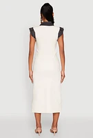 Womens Denim Trim High Slit Midi Dress, Beige, Size S