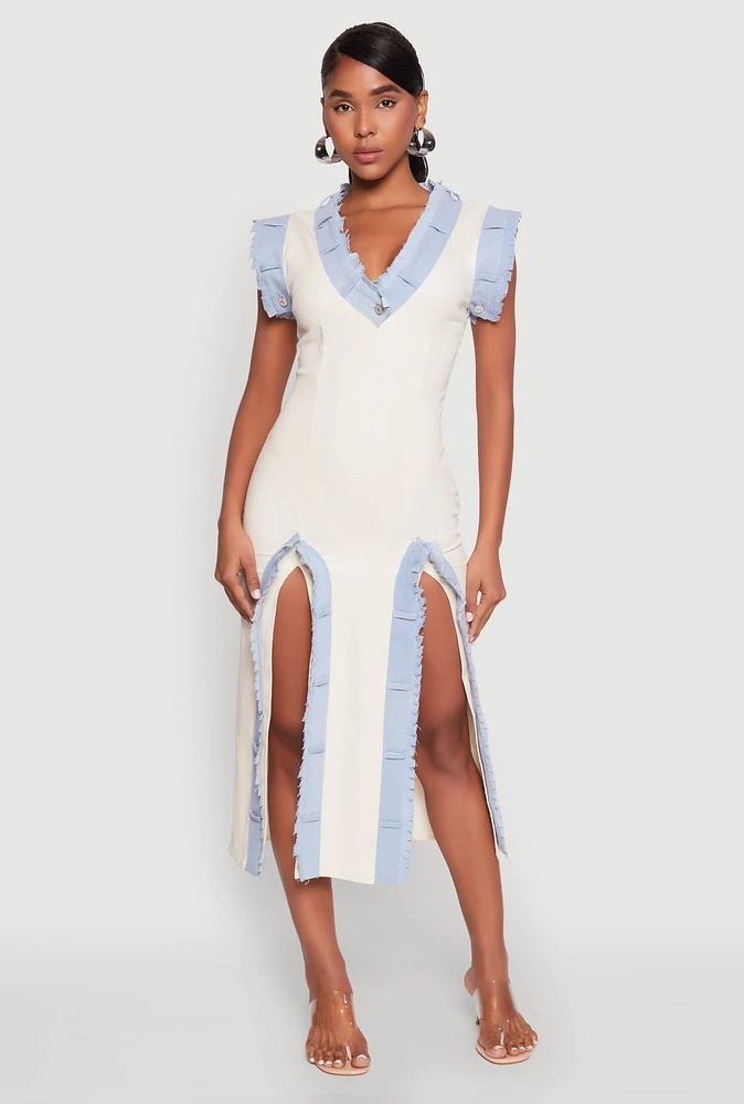 Womens Denim Trim High Slit Midi Dress, Beige, Size M