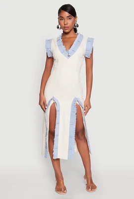Womens Denim Trim High Slit Midi Dress, Beige, Size M