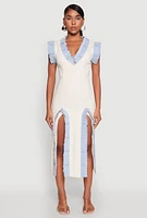 Womens Denim Trim High Slit Midi Dress, Beige, Size M