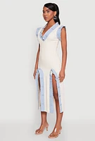 Womens Denim Trim High Slit Midi Dress, Beige, Size M