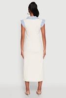 Womens Denim Trim High Slit Midi Dress, Beige, Size M