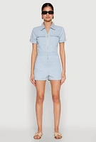 Womens Denim Zip Front Romper, Blue, Size S