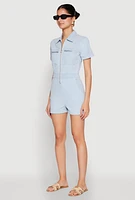 Womens Denim Zip Front Romper, Blue, Size XL