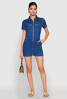 Womens Denim Zip Front Romper, Blue,