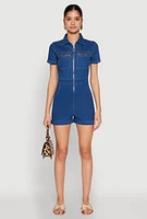 Womens Denim Zip Front Romper, Blue,