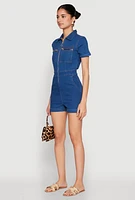 Womens Denim Zip Front Romper, Blue,