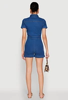 Womens Denim Zip Front Romper, Blue,