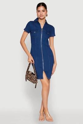 Womens Denim Pintuck Zip Front Shirt Dress, Blue,