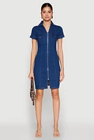 Womens Denim Pintuck Zip Front Shirt Dress, Blue,