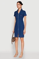 Womens Denim Pintuck Zip Front Shirt Dress, Blue,