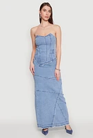 Womens Lace Up Back Strapless Denim Maxi Dress, Blue, Size S