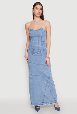 Womens Lace Up Back Strapless Denim Maxi Dress, Blue,