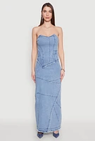 Womens Lace Up Back Strapless Denim Maxi Dress, Blue, Size S