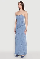 Womens Lace Up Back Strapless Denim Maxi Dress, Blue, Size S