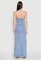 Womens Lace Up Back Strapless Denim Maxi Dress, Blue, Size S