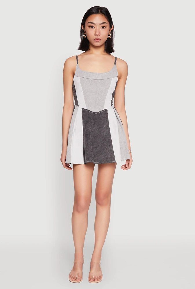 Womens Denim Color Block Skater Dress,