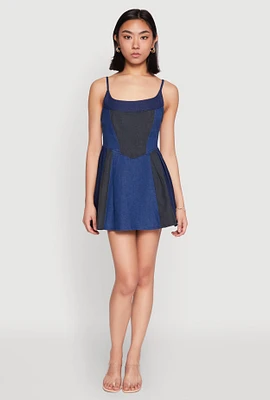 Womens Denim Color Block Skater Dress, Multi, Size S