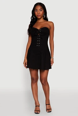 Womens Daisy Denim Lace Up Corset Mini Dress,