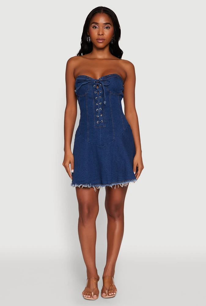 Womens Daisy Denim Lace Up Corset Mini Dress, Blue, Size L