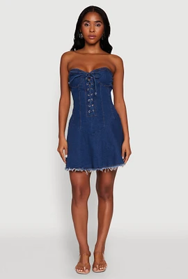 Womens Daisy Denim Lace Up Corset Mini Dress, Blue, Size L