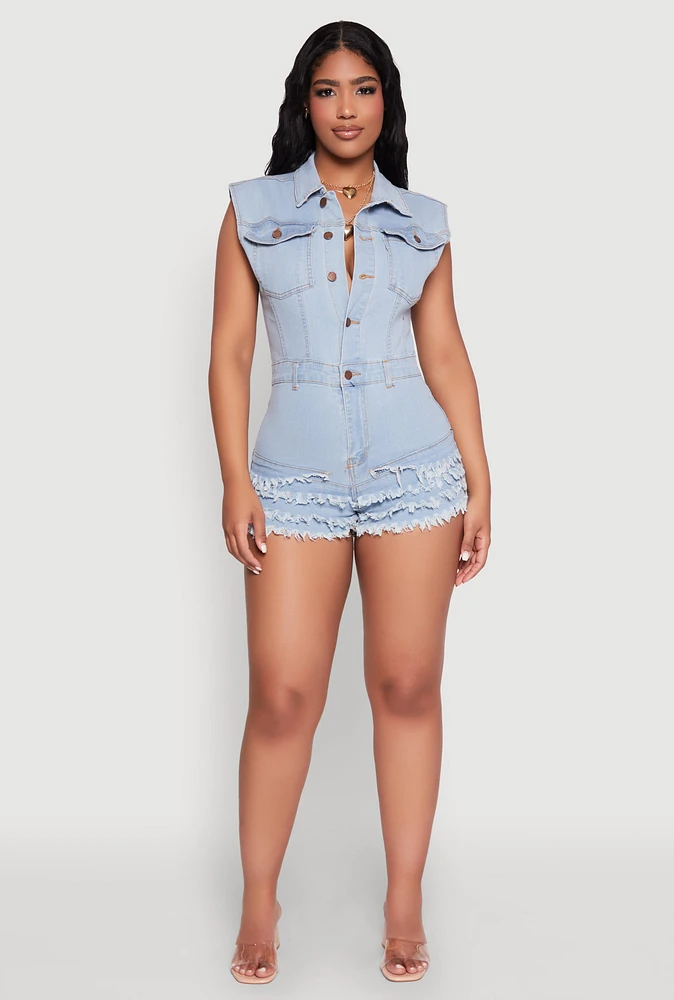 Womens Daisy Tiered Frayed Denim Romper, Blue, Size S