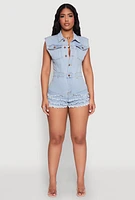 Womens Daisy Tiered Frayed Denim Romper, Blue, Size S