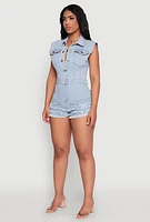 Womens Daisy Tiered Frayed Denim Romper, Blue, Size S