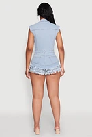 Womens Daisy Tiered Frayed Denim Romper, Blue, Size S