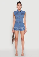 Womens Daisy Tiered Frayed Denim Romper, Blue, Size L