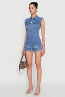 Womens Daisy Tiered Frayed Denim Romper, Blue, Size L
