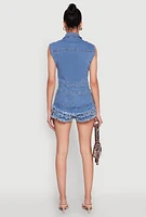 Womens Daisy Tiered Frayed Denim Romper, Blue, Size L
