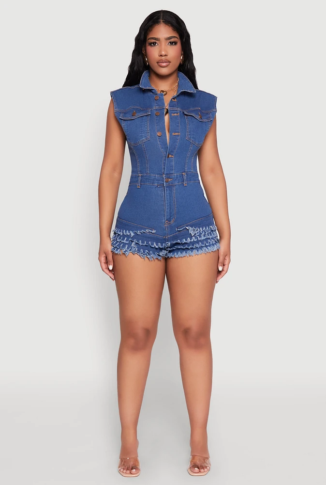 Womens Daisy Tiered Frayed Denim Romper, Blue, Size M