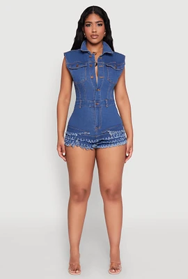 Womens Daisy Tiered Frayed Denim Romper, Blue, Size M