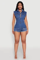 Womens Daisy Tiered Frayed Denim Romper, Blue, Size M
