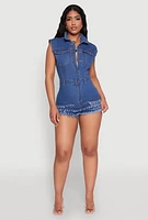 Womens Daisy Tiered Frayed Denim Romper, Blue, Size M