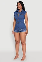 Womens Daisy Tiered Frayed Denim Romper, Blue, Size M