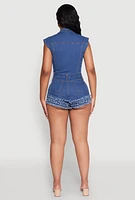 Womens Daisy Tiered Frayed Denim Romper, Blue, Size M